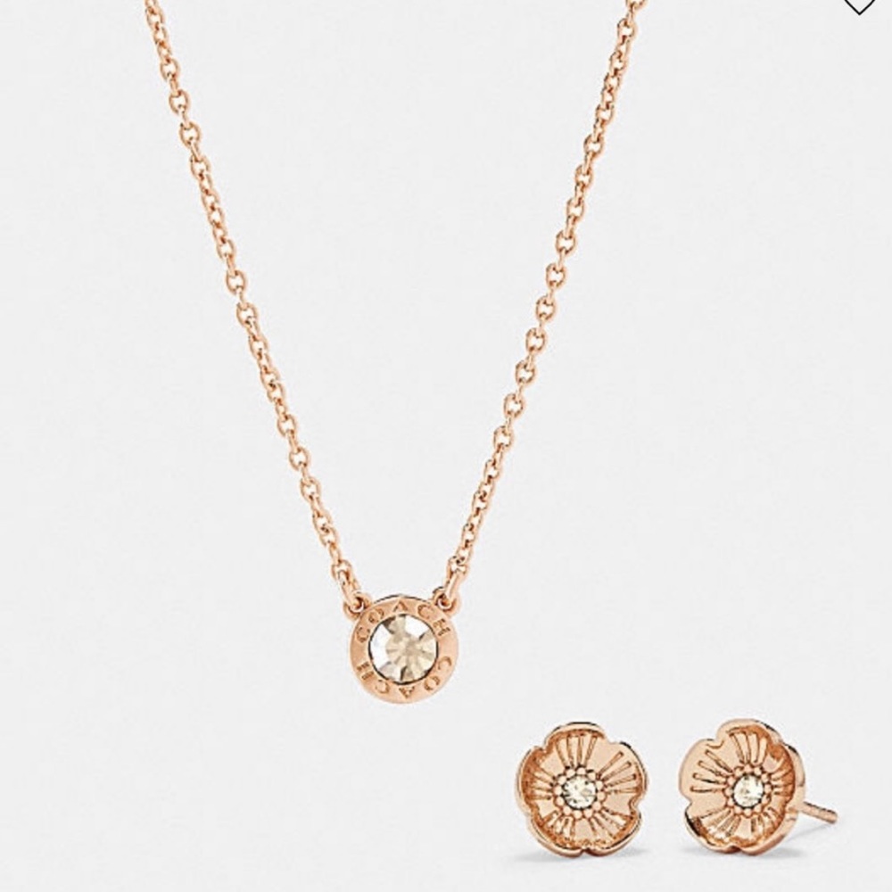 Coach Circle Pendant Necklace & Tea Rose Stud Earrings Set Rose Gold Plated